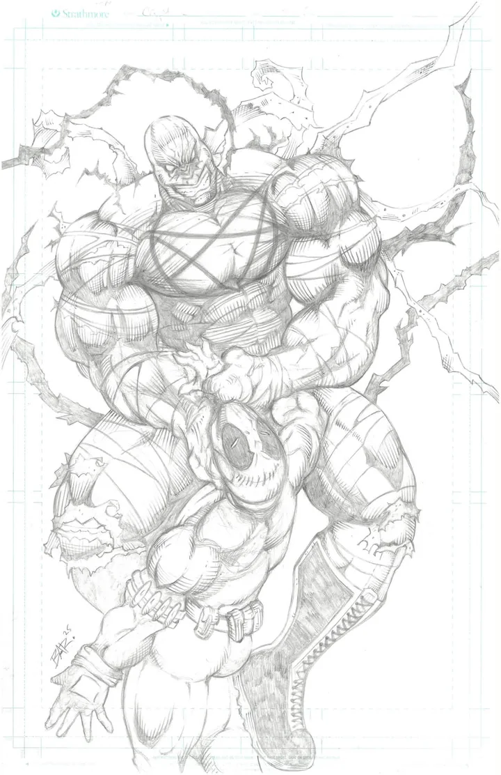 Brian's pencil drawing of a hulking villain looming over a red-suited hero