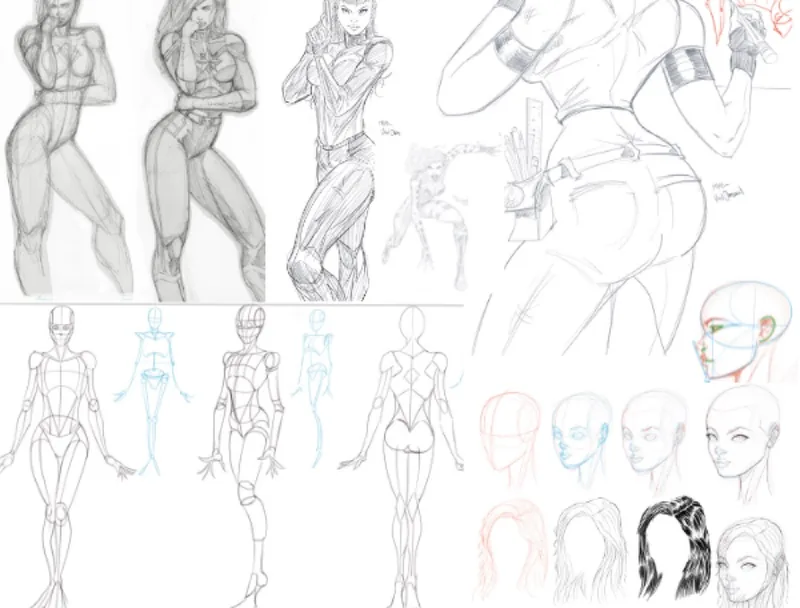 Studies of female comic figures and construction heads